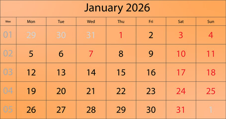 January 2026 calendar template with clean orange layout featuring week structure and date grid suitable for planners, scheduling, and print designs