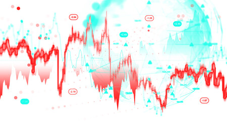 Abstract financial chart with red and cyan fluctuating graphs on white background representing economic data and analytics concept in creative blur style. 3D Rendering