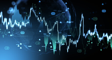 Abstract financial trading graph with glowing candlestick chart, data indicators and digital world map on futuristic blue blur background concept.. 3D Rendering