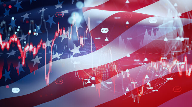 Abstract financial market chart with forex and crypto data overlay on American flag background representing economic trade concept in the United States.