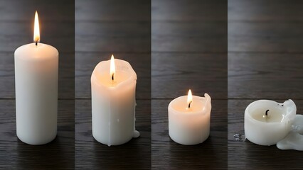 Set of White Candles Burning on Dark Surface.