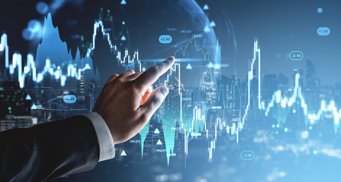 Businessman analyzing forex and crypto data on futuristic chart interface in modern cityscape background with glowing holographic graph concept. - Powered by Adobe
