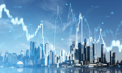 Financial chart overlays on Hudson Yards skyline with concept of stock market and forex analysis in New York City background.