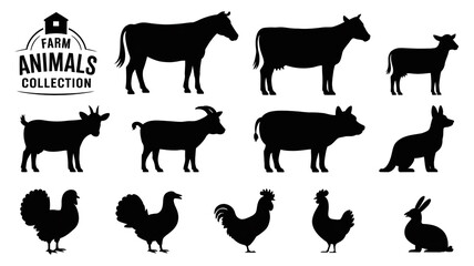 Black silhouette vector collection of farm animals and pets, including cow, pig, sheep, horse, and dog illustration set © Rajia