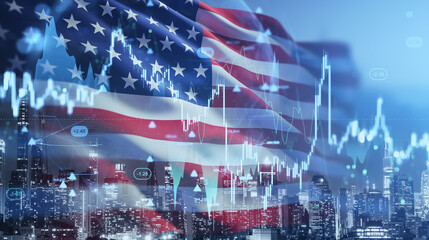 Financial graph and trading chart on city skyline with American flag background, illustrating U.S. economy, forex and crypto market concept hologram. © ImageFlow