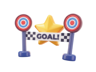 A 3D icon of a goal icon with a finish line, representing a target and a milestone, with a star for a reached goal.