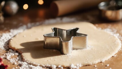 Star shaped cookie cutter on dough for Christmas baking.