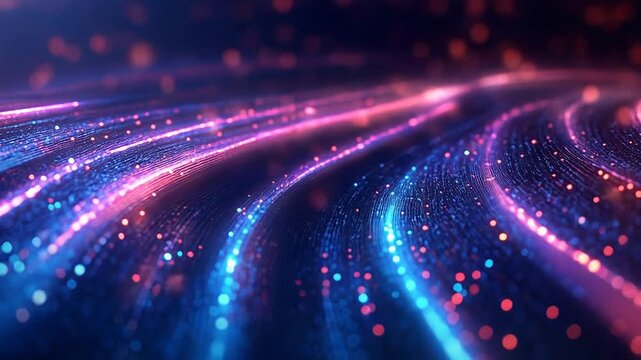 Flowing glowing particles and light trails on a dark blue gradient, visualizing data streams, fiber optic communication and networked information transfer in a futuristic tech scene