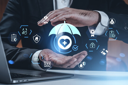 Futuristic digital healthcare system concept with doctor icons and man protecting medical umbrella icon on tech background interface.