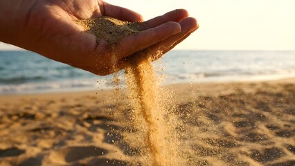 Close-up of Hand Pouring Sand on Beach.