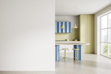 Modern kitchen interior with empty white wall for poster mockup, featuring clean design, bright space, and contemporary furniture layout. 3D Rendering