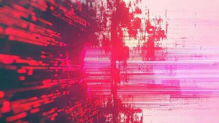 Abstract digital data flow creating a vibrant red and pink background with motion blur and glitch art elements, representing high speed connectivity and technology - Powered by Adobe