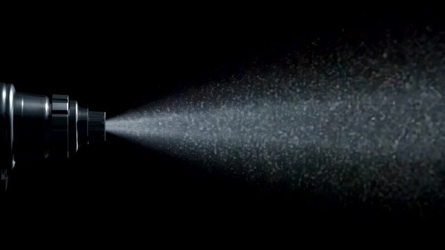 Metal spray nozzle releasing fine mist droplets into dark studio background with side lighting