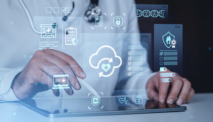 Doctor interacting with futuristic medical interface showing cloud data, health records, and digital diagnostics on hologram concept background screen.