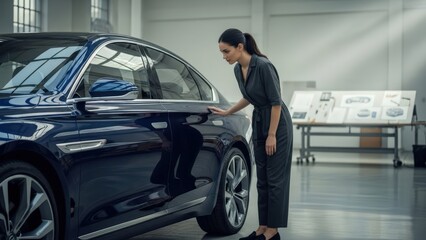 Automotive expert carefully analyzes the sleek dark blue luxury car's exquisite design details within a modern high-tech development studio