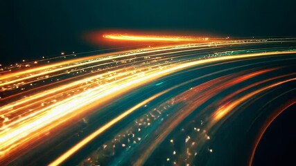 Abstract digital highway of glowing orange and teal light trails conveying high speed data transfer, cloud computing and global communication networks for modern connectivity - Powered by Adobe