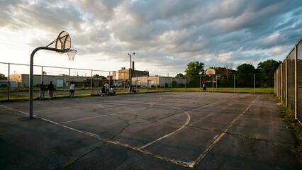 Empty Outdoor Basketball Court Under Cloudy Sky.