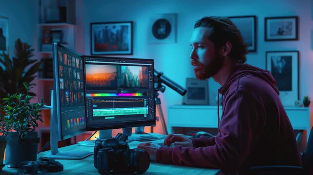 Man Editing Video on Dual Monitors in a Dark Room with Blue and Teal Lighting video editing computer