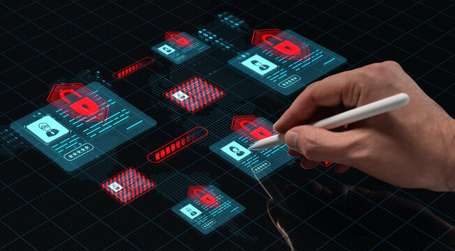 Hand with pen interacting with futuristic digital interface showing cybersecurity concept and data protection on a high-tech screen background.. - Powered by Adobe