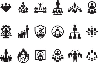Silhouette teamwork leadership icon set crafted for business unity, group direction, and teamwork focus.