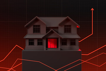 Housing market growth concept with modern house and rising red graph lines on dark grid background representing real estate investment trends. 3D Rendering