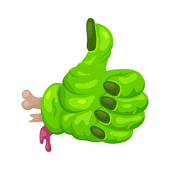 Halloween emoji character icon of cartoon green zombie hand giving a thumbs up gesture with exposed bone and dripping flesh. Vector fun yet creepy Halloween emoji for spooky horror approval reactions