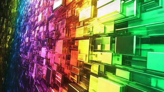 Abstract background featuring glowing rectangular blocks creating a vibrant rainbow spectrum, representing digital information flow and connection in a futuristic network