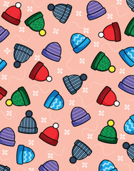 Cute winter hats pattern with snowflakes on pastel background