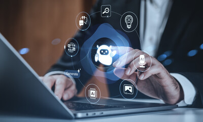 Businessman's hand interacting with chatbot hologram interface representing AI assist and chat bot concept on futuristic digital background.