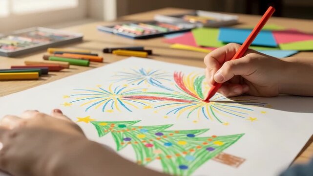 Close-up of a child's hand drawing a Christmas tree and fireworks. Kid coloring with a red pencil on a wooden table. Festive holiday art and New Year celebration concept