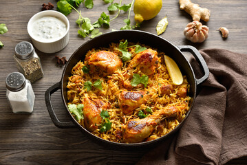 Homemade delicious chicken biriyani served in cast iron pan