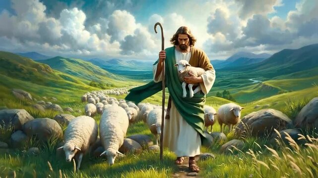 The Good Shepherd: Christ Carrying a Lamb Among His Flock