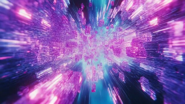 Abstract digital network unleashes a burst of fragmented data points racing through a neon purple blue tunnel, conveying high speed information flow, futuristic technology, and dynamic connectivity