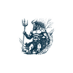 Powerful ancient god or mythical warrior with horns and trident standing amidst lightning and clouds, hand-drawn vintage engraving style