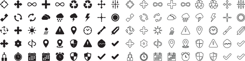 Collection of Universal Basic Black Vector Icons in Modern Line and Solid Styles for Web, UI, and Interface Design isolated PNG with Transparent Background