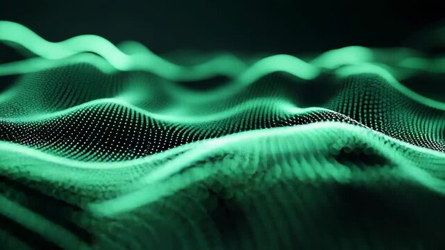 Digital particles form glowing undulating waves, visualizing data flow, networking and ai driven systems with futuristic, green lit textures for tech and cyber designs