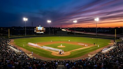 Nighttime Baseball Stadium with Bright Lights and Crowd.