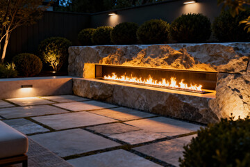 Outdoor fireplace with stone surround and patio at night