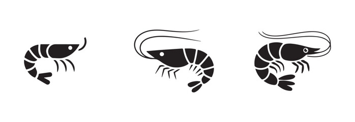 Different poses of shrimp silhouette icons set in black ink style for various culinary application needs