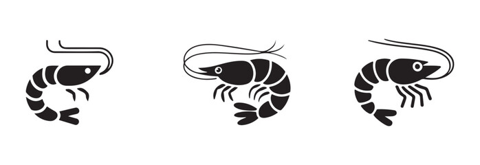 Collection of three simple black silhouette icons representing shrimp in various stylized forms on white