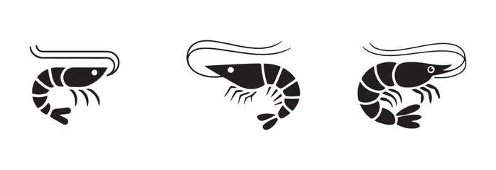 Set of three stylized shrimp graphics showing outline and solid fill designs useful for culinary or marine themes