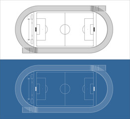 Fototapeta premium Top View Plan of Soccer Football Field and Track Outline Drawing