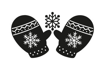 Winter mittens and snowflake silhouette