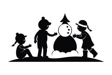 Children building a snowman together in winter silhouette