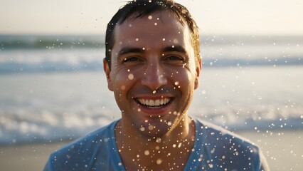 Happy Man Enjoying Water Splash at Beach.