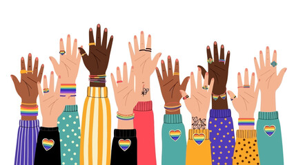 Fototapeta premium Diverse Hands Raised Showing Pride Flags and Rainbow Symbols