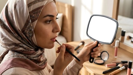 Woman Applying Makeup Using Mirror in Bedroom.