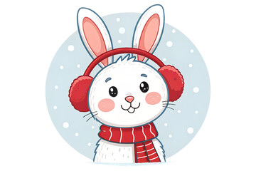 White bunny with red earmuffs and a cheerful expression.