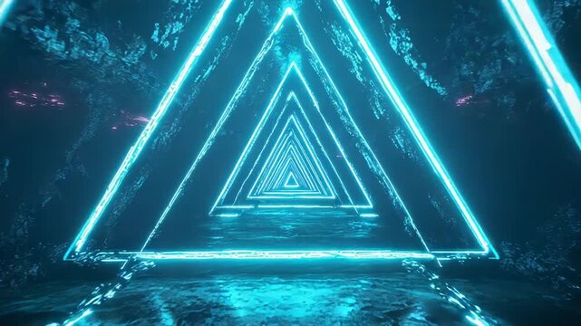 Abstract scene featuring a series of bright blue neon triangles receding into the distance, creating an infinite tunnel effect within a textured, dark, and mysterious cave like environment