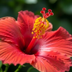 Vivid crimson hibiscus reveals intricate golden stamen detail in sunlight